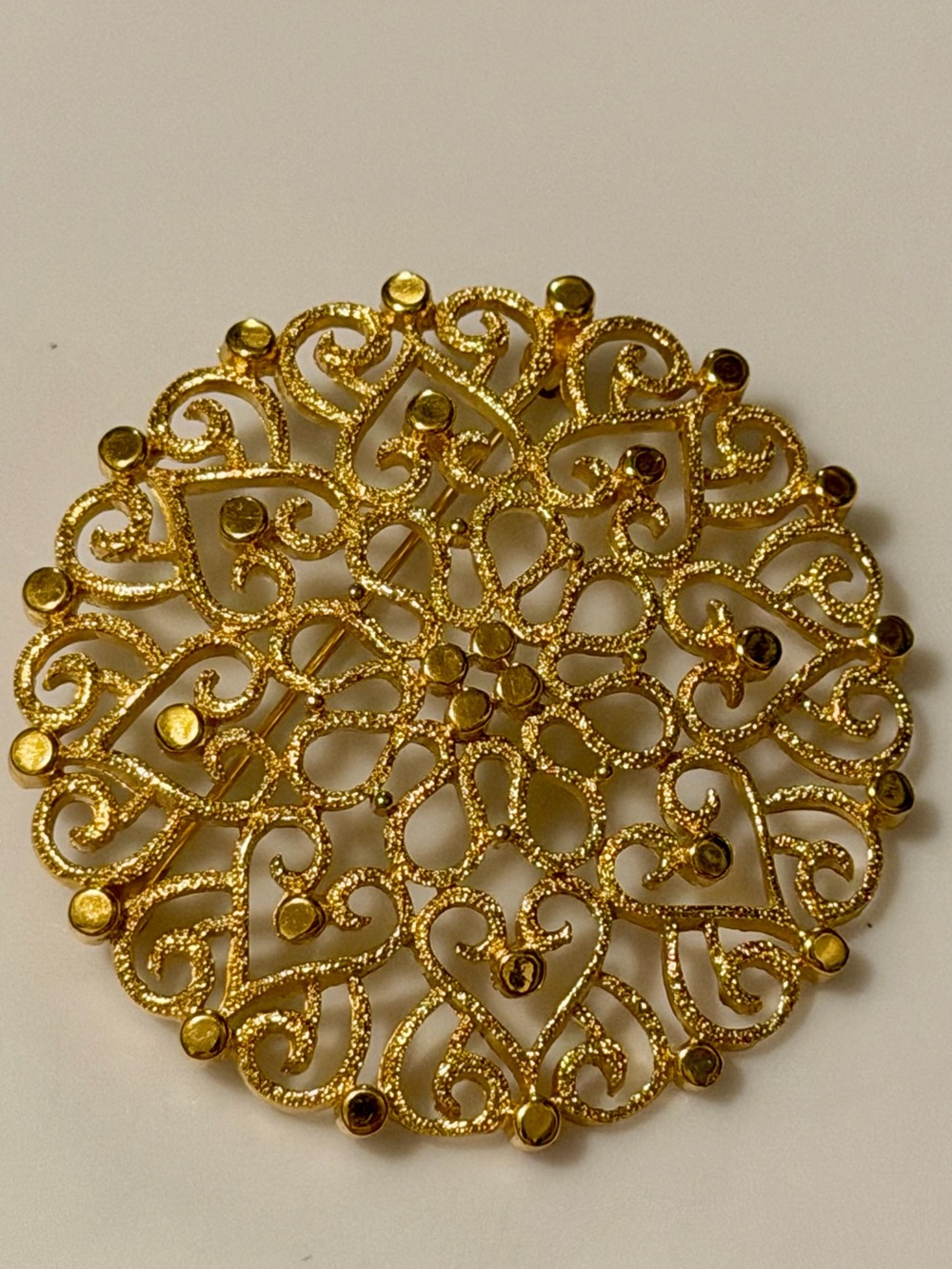 Vintage Trifari Gold Tone Heart Filigree Brooch Pin Large 3" Statement Mandala